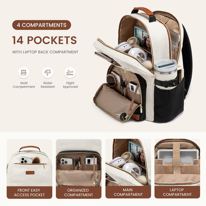 LOVEVOOK Laptop Backpack for Women with Pouch Pocket for Large Capacity Cup,15.6 Inch Teacher Nurse College Work Backpack Purse,Waterproof Laptop Bag Computer Back Pack for Travel, Khaki-Coffee-Black