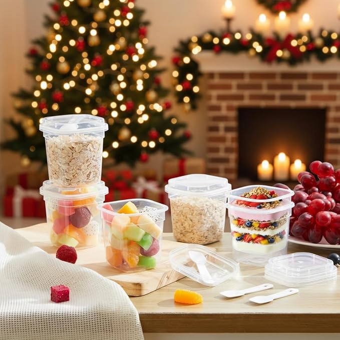 Jingmore 50 Pack 9.5oz Clear Plastic Yogurt Parfait Cups Disposable Overnight Oats Containers with Lids and Spoons Cake Fruit Jars for Food Storage Salad Ice Creams Pudding Snacks (Square Style)