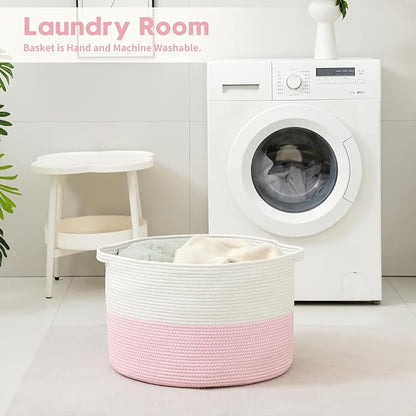 Foldable Laundry Hamper Basket with Collapsible Handle Cotton Rope Soft Woven Fabric Storage Organizer Clothes Toys Nursery Bedroom Dorm Space Saving Bin (White & Pink, 65L(19.7"D x 12.6"H))