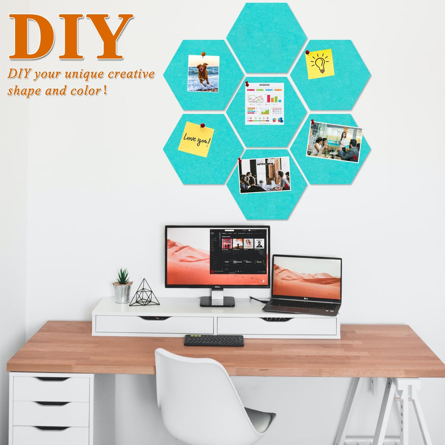 HULAVO Large Hexagon Felt Cork Board Tiles, Self Adhesive DIY Felt Bulletin Board Pin Board with 35 Pushpins for Office School Home Wall Decor Stickers Memos Photos Display(Teal)