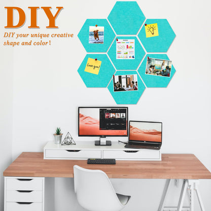 HULAVO Large Hexagon Felt Cork Board Tiles, Self Adhesive DIY Felt Bulletin Board Pin Board with 35 Pushpins for Office School Home Wall Decor Stickers Memos Photos Display(Teal)