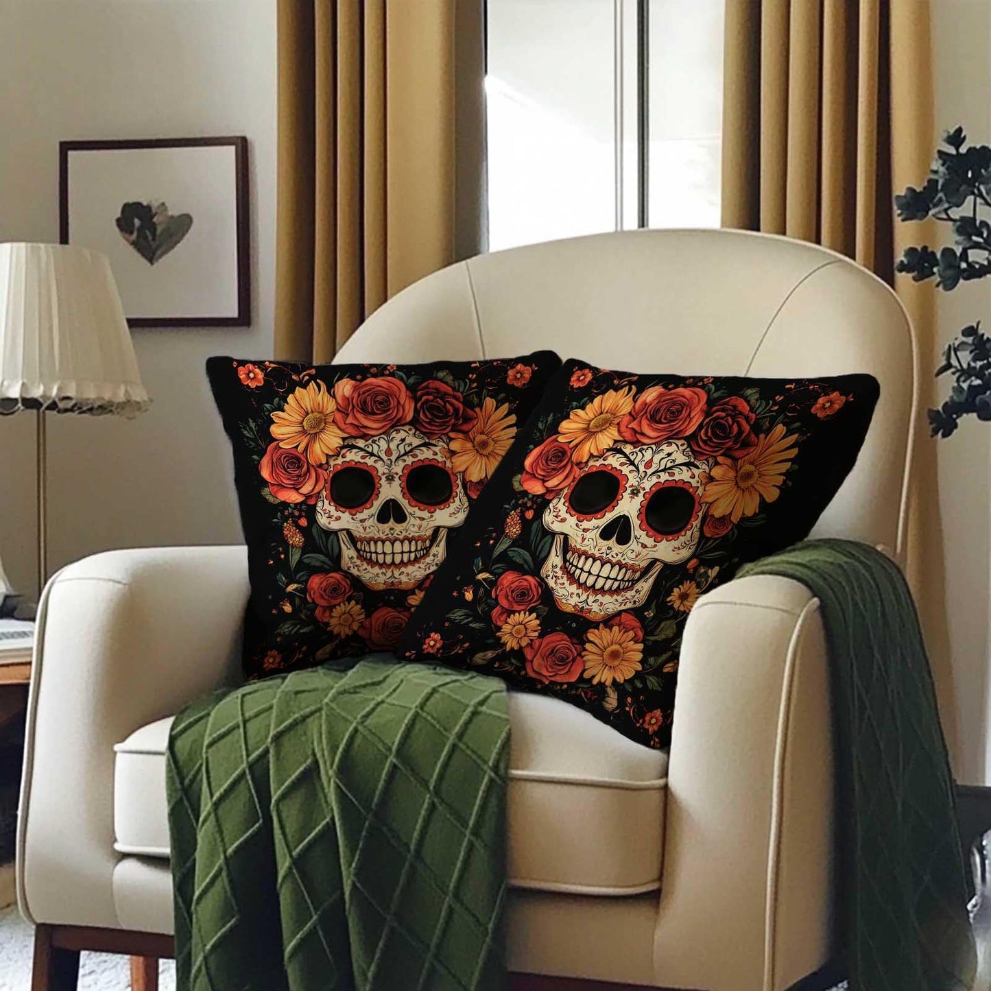 FexNuvko Sugar Skull Throw Pillow Covers 18x18 Set of 2, Day of the Dead Skull Floral Cushion Covers, Gothic Boho Decorative Pillowcase for Sofa Couch Living Room, Halloween Fall Home Decor