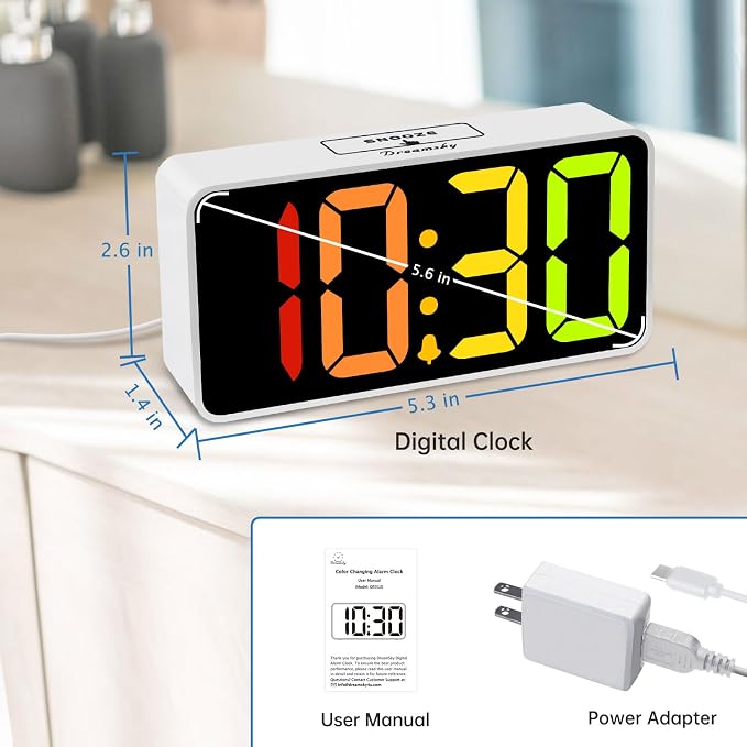 DreamSky Small Digital Alarm Clock for Bedroom, RGB Desk Clock for Kid Girl | Electric Clock with Large Numbers for Bedside Nightstand, Dimmer, Adjustable Alarm Volume, USB Port, USB-C Adapter Powered