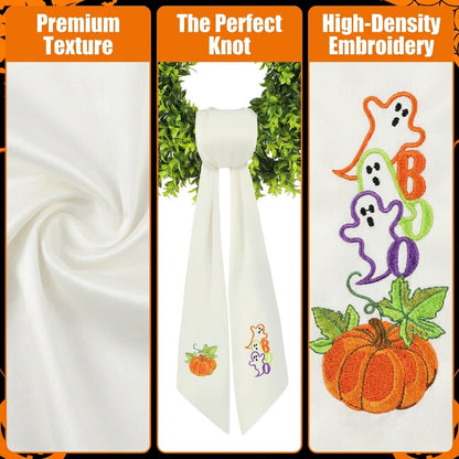 Fall & Halloween Wreath Sash for Front Door (59" Long) - Embroidered Ghost & Pumpkin Design for Boxwood Wreaths - 2-in-1 Autumn Ribbon Decor, Heavy Drape & Washable (1 Set)