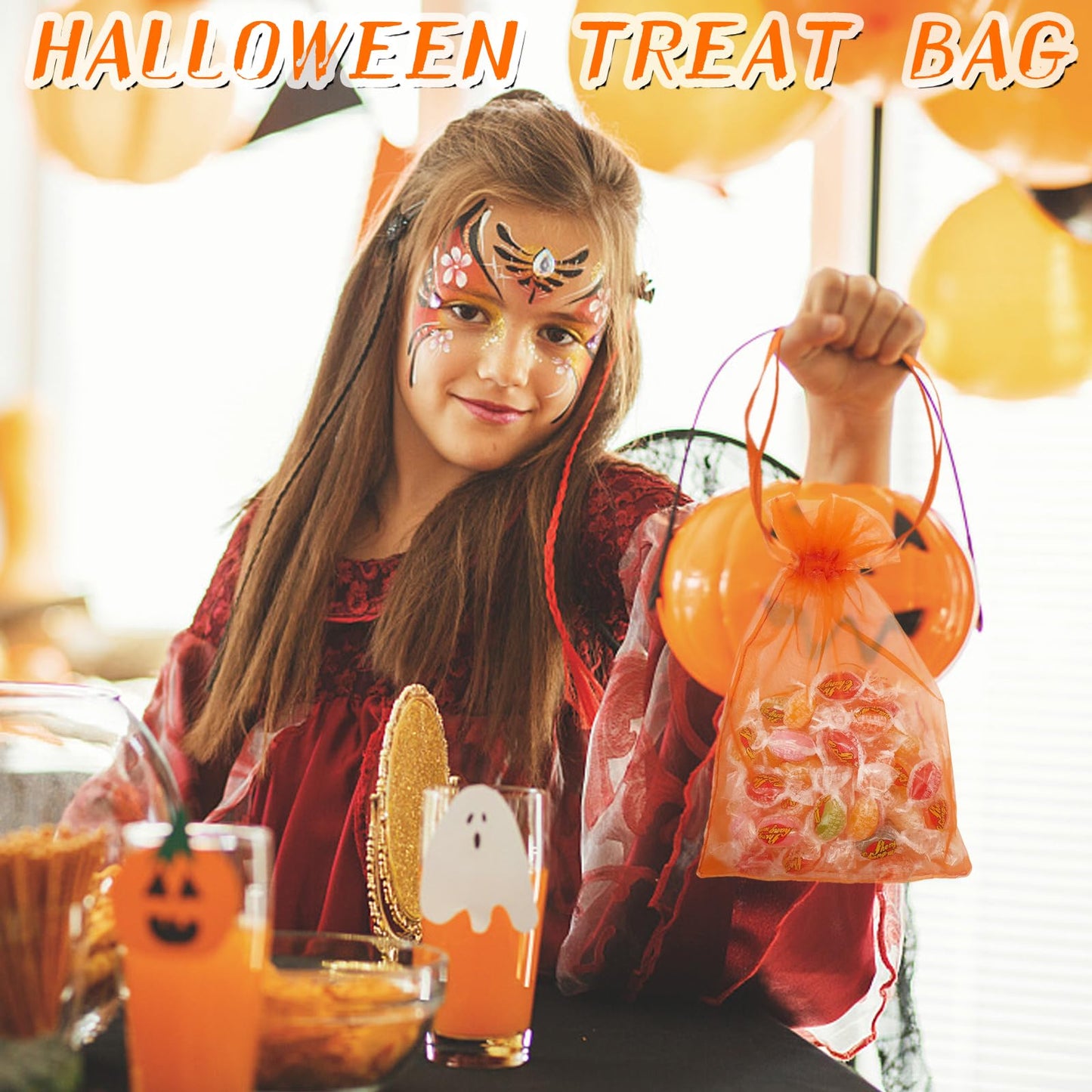 Jexila 50 Pack Orange Organza Gift Bags 8X12 inch Large Mesh Bag Drawstring for Gift Wrap Halloween Goodie Candy Treat Bag for Kids Birthday Halloween Party Favor