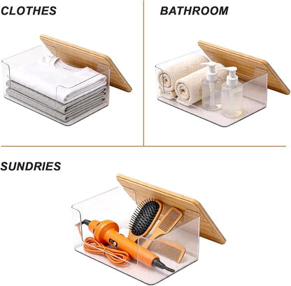 2 Pack Trash Bag Holder, Stackable Garbage Bag Dispenser with Lid | Clear Plastic Organizer with Bamboo Lid, Space-Saving Under Sink Storage for Kitchen, Laundry Room, Pantry & Cabinet