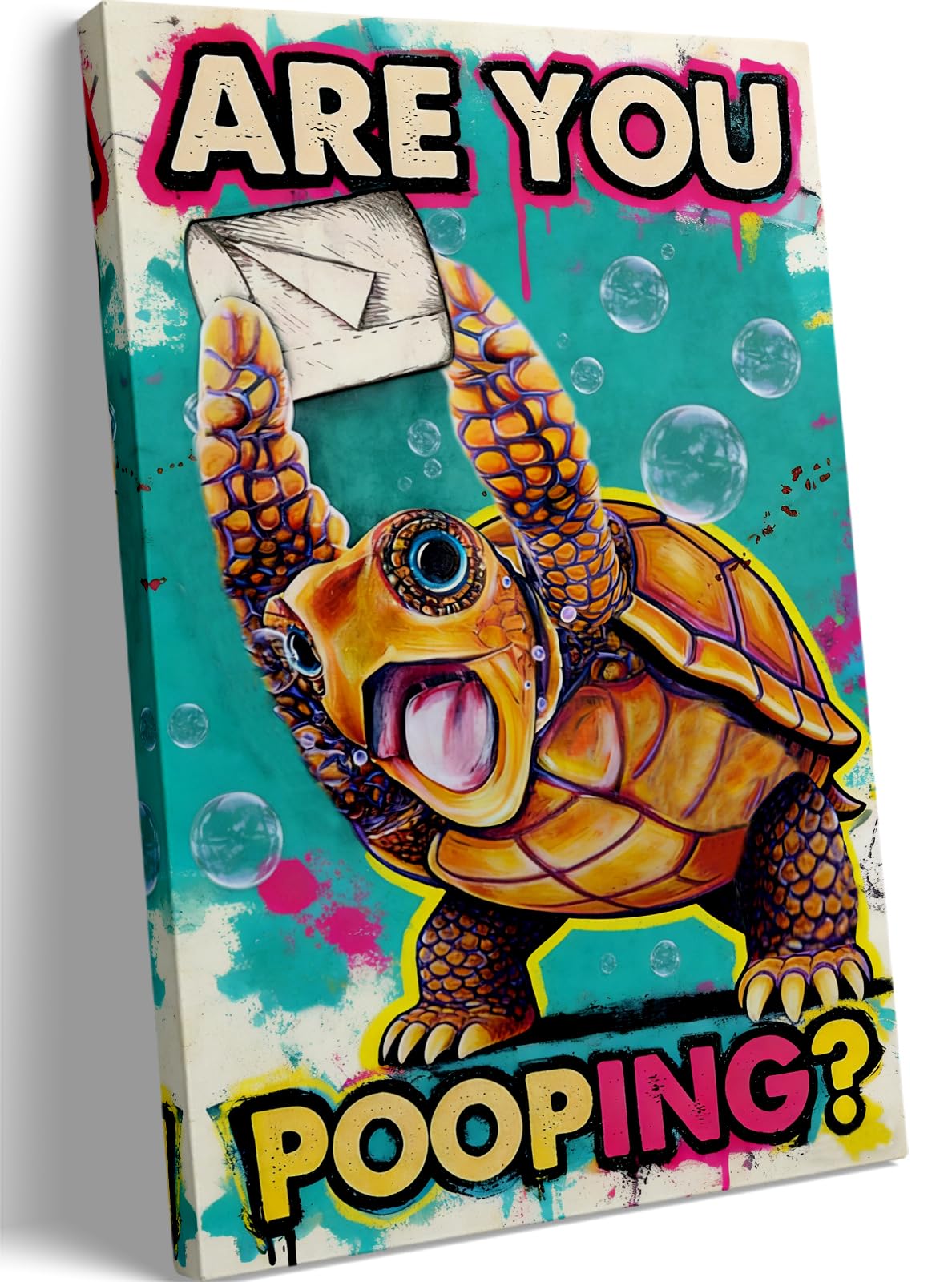 Funny Turtle Bathroom Wall Art Painting, Are You Pooping? Graffiti Humor Canvas Print, Teal Pop Art Bathroom Poster Decor, 12x16 Inch Framed Wall Picture for Bathroom Restroom Toilet Washroom