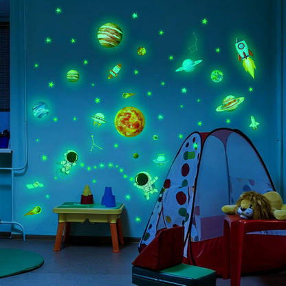 Glow in the Dark Space Astronaut Wall Stickers Luminous Planets with Stars Decals Self-Adhesive Peel and Stick for Kids Room Nursery