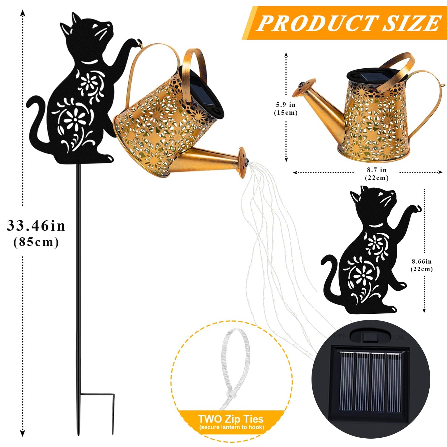 Solar Lights Outdoor Decorative, Watering Can with Cascading Lights, with Cat Silhouette Garden Stakes, Gifts for Mom Women, Waterproof Metal Garden Decor for Yard Art, Outside, Patio, Lawn Ornaments
