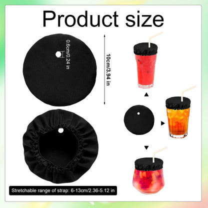 50pcs Drink Covers, Polyester Elastic Stretchable Washable Drink Protector with Straw Hole Bottle Protection Accessories Fits Most Cups for Bar Club Party (Black)