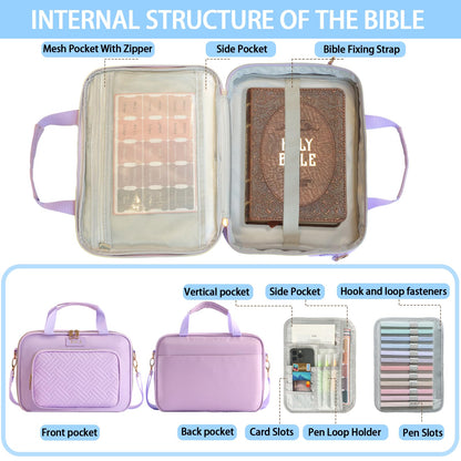 Bible Cover for Women Bible Case, Large Bible Bag, Bible Study Supplies Bible Journaling Kit Book Carrying Case with Bible Highlighters Tabs, Valentines Day Christian Gifts for Women (Purple)