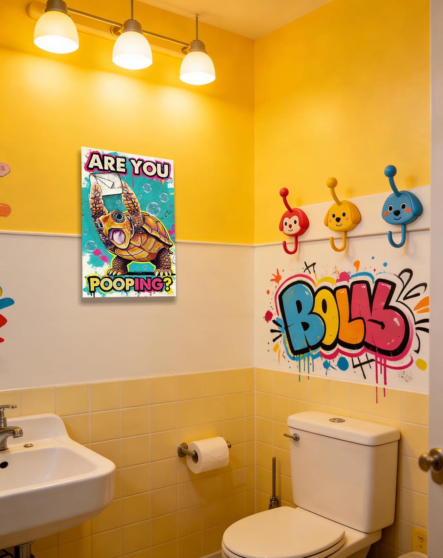 Funny Turtle Bathroom Wall Art Painting, Are You Pooping? Graffiti Humor Canvas Print, Teal Pop Art Bathroom Poster Decor, 12x16 Inch Framed Wall Picture for Bathroom Restroom Toilet Washroom
