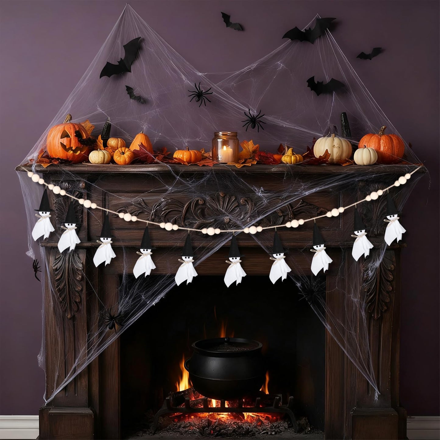 VitalCozy 7ft Halloween Garland Cute Witch Hat Ghost with Wooden Beads Garlands Farmhouse Rustic Halloween Banner for Wall Haunted House Party Yard Outdoor Spring Decor Supplies