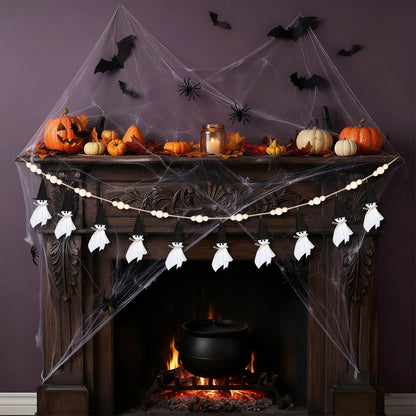 VitalCozy 7ft Halloween Garland Cute Witch Hat Ghost with Wooden Beads Garlands Farmhouse Rustic Halloween Banner for Wall Haunted House Party Yard Outdoor Spring Decor Supplies