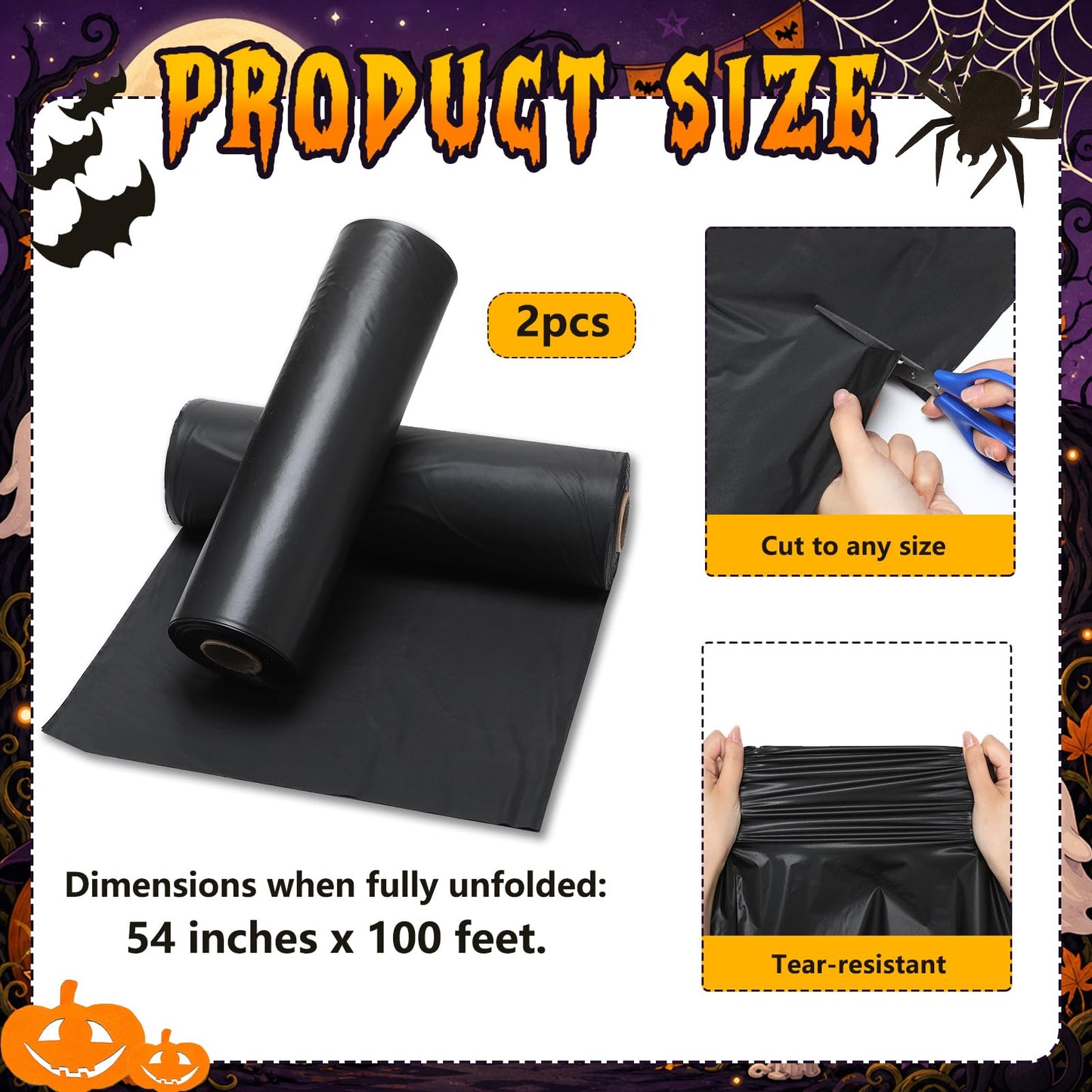 MotiMind 2 Rolls Halloween Black Plastic Sheeting for Haunted House, 4.5ft x 100ft Each, Black Tarp Spooky Wall & Party Decorations for Halloween Backgrounds and Haunted House Setup