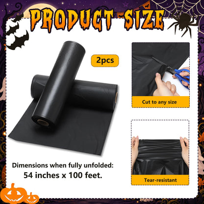 MotiMind 2 Rolls Halloween Black Plastic Sheeting for Haunted House, 4.5ft x 100ft Each, Black Tarp Spooky Wall & Party Decorations for Halloween Backgrounds and Haunted House Setup