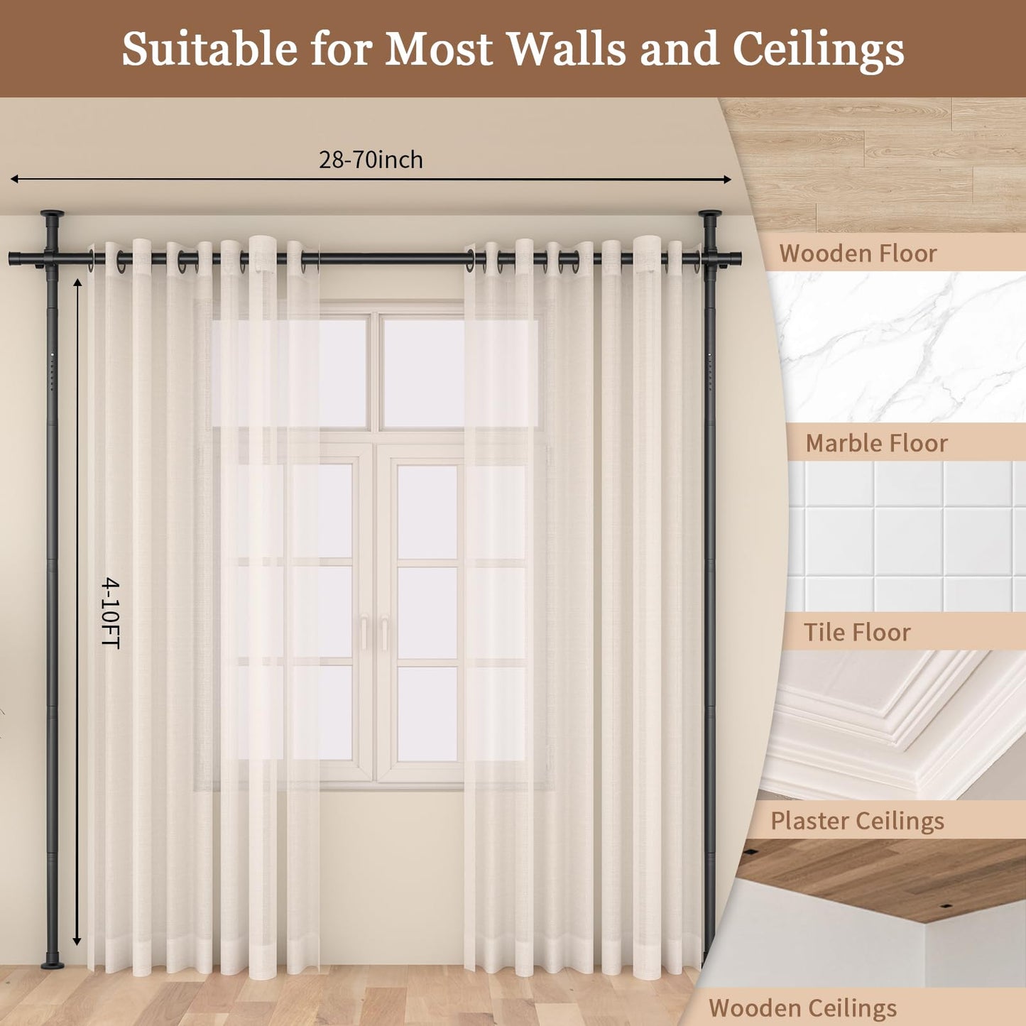 Room Divider Curtain Rod, No Drilling Room Separator for Space Partition Adjustable 4-10ft(H) 28-70inch(W) Heavy Duty Temporary Wall Divider Floor to Ceiling Tension Rod, Black