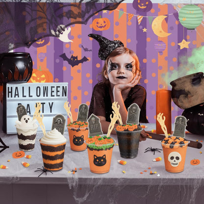 Honeydak 48 Set DIY Halloween Dirt Cups for Party Halloween Skeleton Hand Decorations Graveyard Tombstone Cake Toppers with Horror Zombie Hands Plastic Dessert Cups for Ghost Party(9 oz,Zombie Hands)