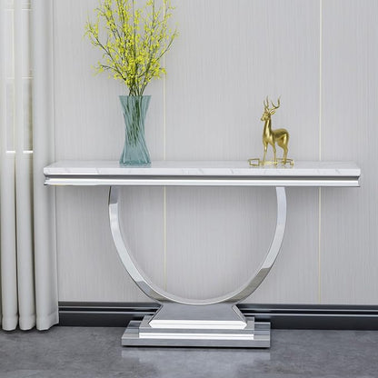2 Piece Living Room Table Set Include 1 Faux Marble Coffee Table & 1 Console Table, Modern White Silver Coffee Table Set of 2 with Double O Shape Stainless Steel Pedestal Base