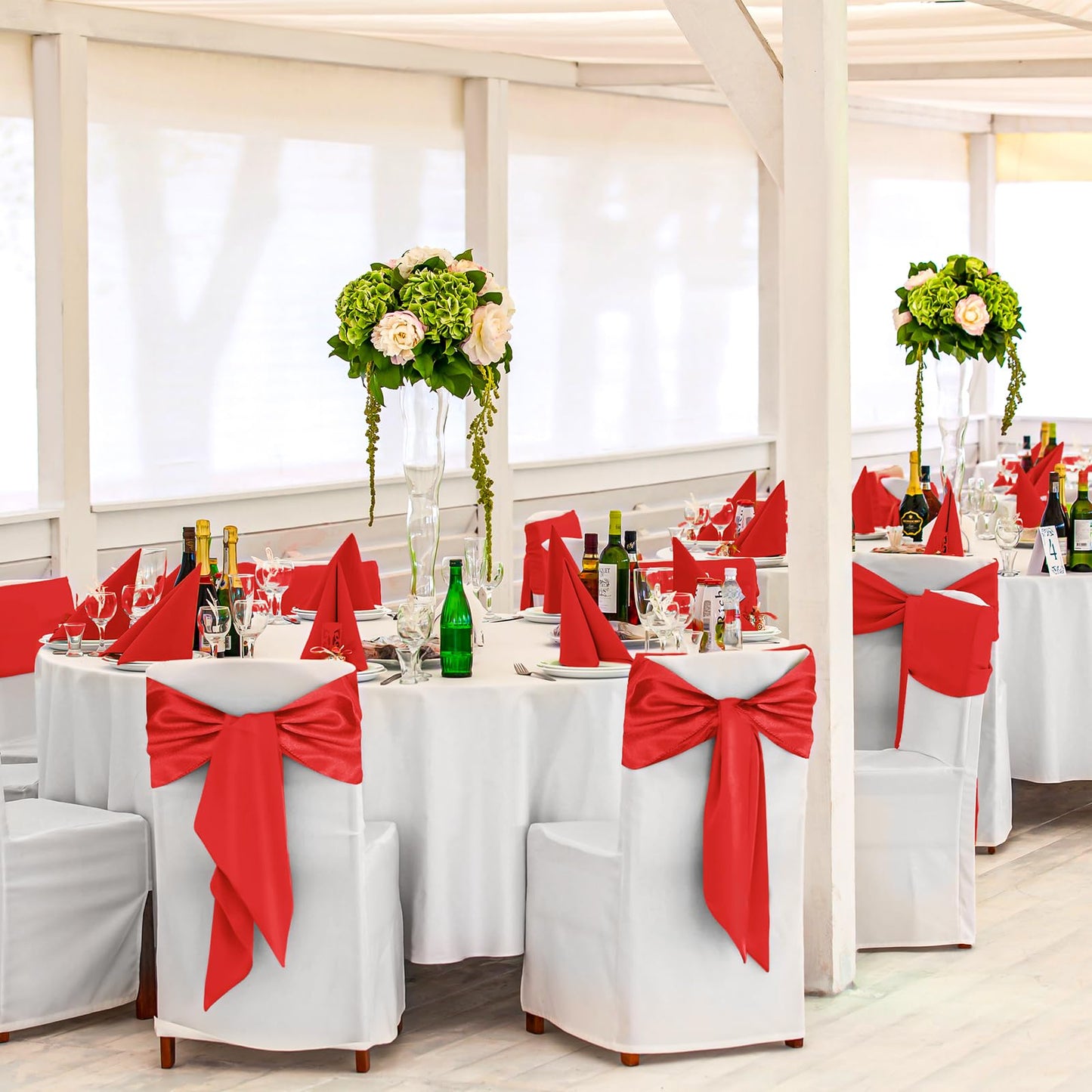 LOKUME 100 PCS Satin Chair Sashes Bows, Red Ribbon Ties Back Sash for Wedding Birthday Banquet Party Hotel Event Cover Decoration (7 x 78 Inch)