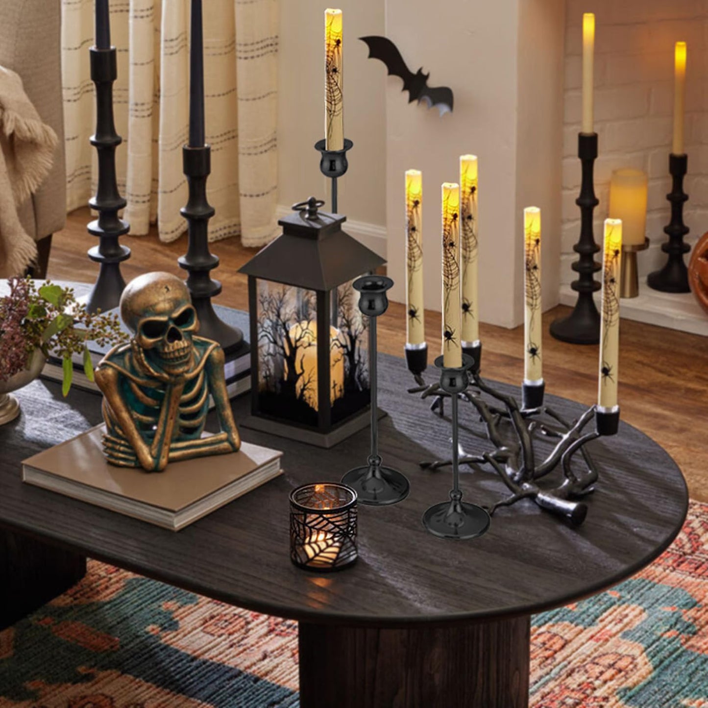 Metal Candle Holder Taper Candlestick Holders for Candle Sticks Vintage Candelabra for Halloween Thanksgiving Christmas (Matt Black, 2 Sets (6 pcs))