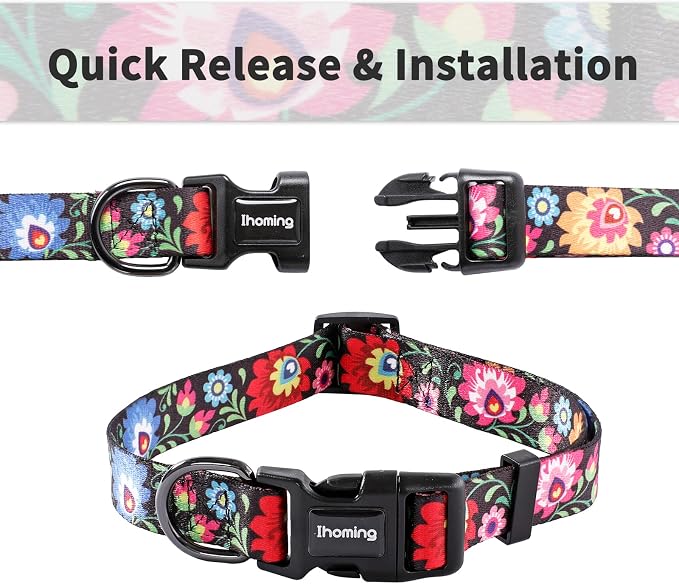 Ihoming Dog Collar and Leash Set for Daily Outdoor Walking Running Training, Black Colorful Flowers Design for Large Boys Girls Dogs Cats Pets, L-Up to 80LBS
