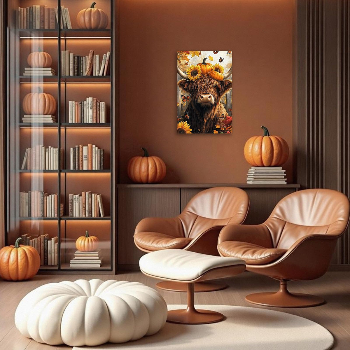 YMXDYMJSW Fall Canvas Wall Art Highland Cow with Pumpkin Pictures Prints Sunflower Paintings Autumn Harvest Artwork for Thanksgiving Kitchen Decor Framed (Brown,20L x 16W)
