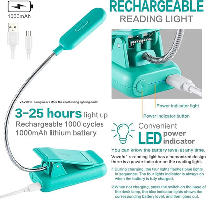 VAVOFO Clip On Rechargeable Reading Light, 7 LEDs with 3 Colortemperature 9 Brightness Levels Book Lights for Reading in Bed with Power Indicator for Bookworms (Blue 2-Pack)