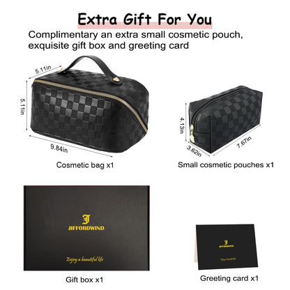 Checkered Travel Makeup Bags Cosmetic Organizer Bag: 2-Set Large Capacity Waterproof Makeup Bag - PU Leather Toiletry Bag for Women - Wide Open Portable Pouch with Handle and Divider (BLACK)