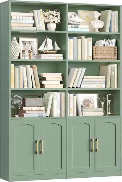 FACBOTALL Bookshelf and Bookcase with Doors, 6 Tier Double Wide Large Bookshelves, Open Display Shelves, 73'' Tall Bookshelf with Storage Cabinets for Home Office, Living Room, Library, Green