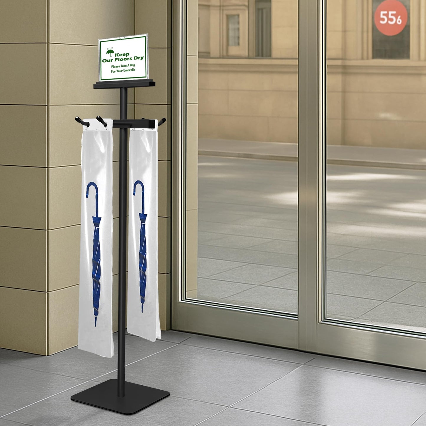 Montex Umbrella Bag Stand, Wet Umbrella Bags Stand with Free 210 Disposable Large Plastic Umbrellas Bags, Black