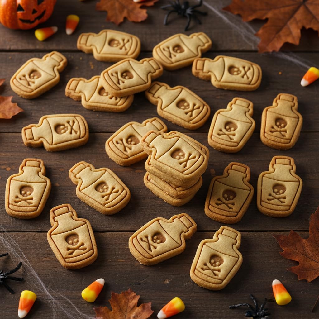 BAKERLOGY Poison Potion Mini Cookie Cutter and Stamp Set – Spooky Magic Bottle Fondant Embosser for Halloween Baking, Witchy Party, Gothic Cupcake Topper
