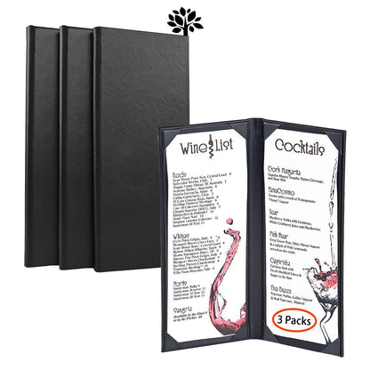 3 Packs of 4.25 x 11 inches Leather Menu Covers with Strong Wood Inside, 2 View Leather Menu Holder Book Style Double Fold Panel for Restaurant Coffee Bars Cocktail（4.25”x11” /2 Views/3 Pcs）