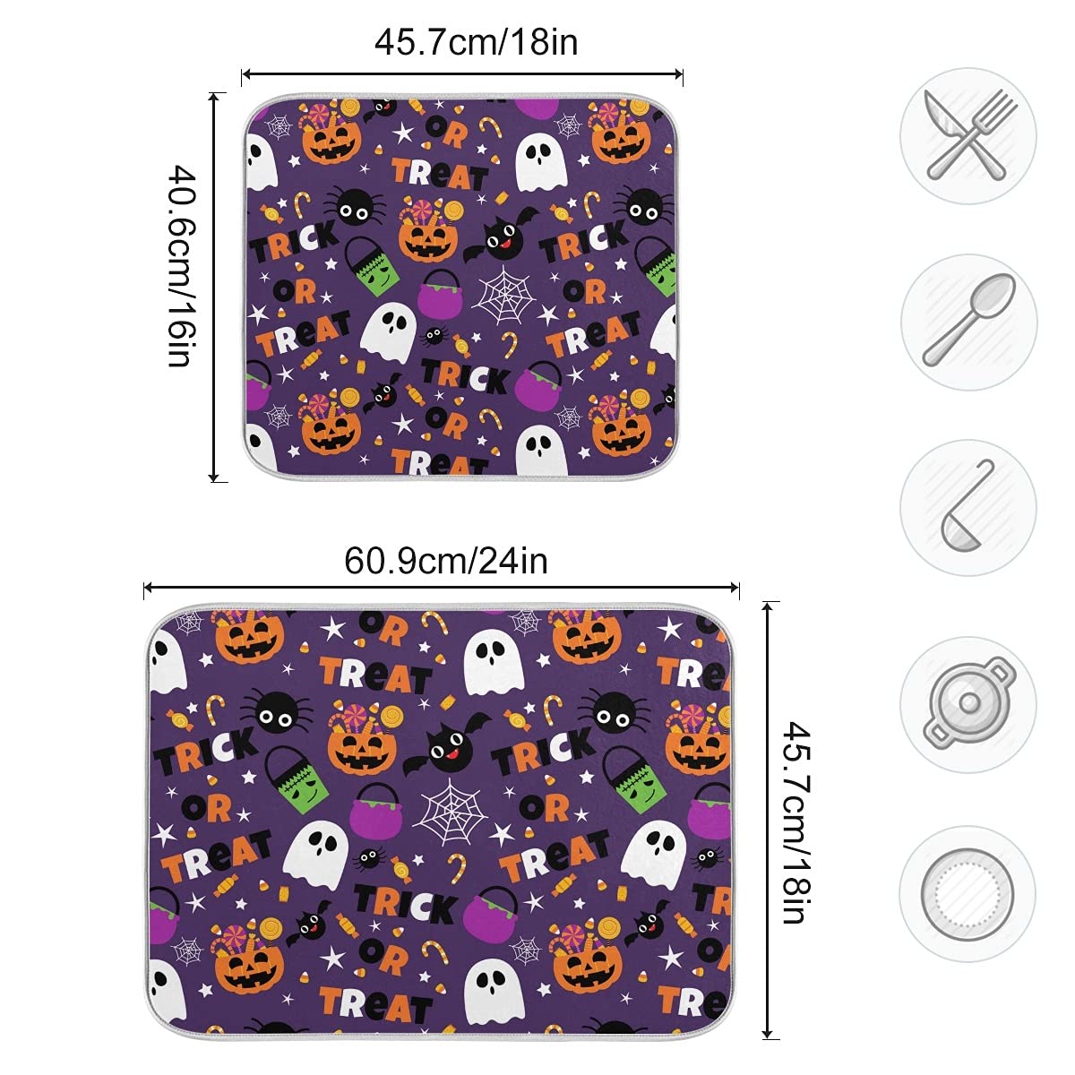 Happy Halloween Purple Pumpkin Fall Dish Drying Mat 16x18 for Kitchen Counter Trick or Treat Spooky Ghost Reversible Dishes Draining Mats Medium Absorbent Fast Dry Pad Halloween Accessories
