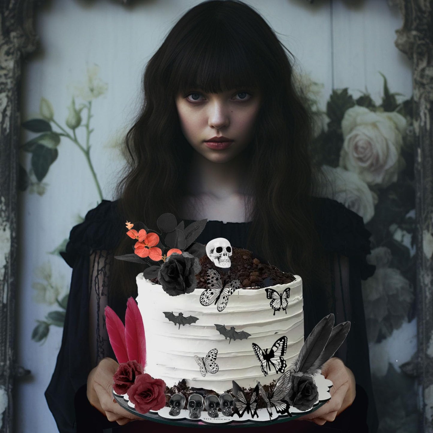 TSVATE Gothic Cake Decorations - 26PCS Black Cake Toppers with Red Black Rose, Skull, Butterfly Cupcake Toppers for Goth Birthday, Wedding, Halloween