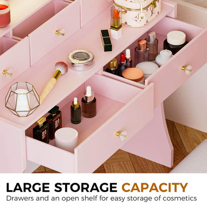 COMHOMA Makeup Vanity Desk with Mirror and Lights, Vanity Table and Chair Set with 5 Drawers and Charging Station, Bedroom Dresser LED Mirror Stepless Dimmable & 3 Color Modes Adjustable, White
