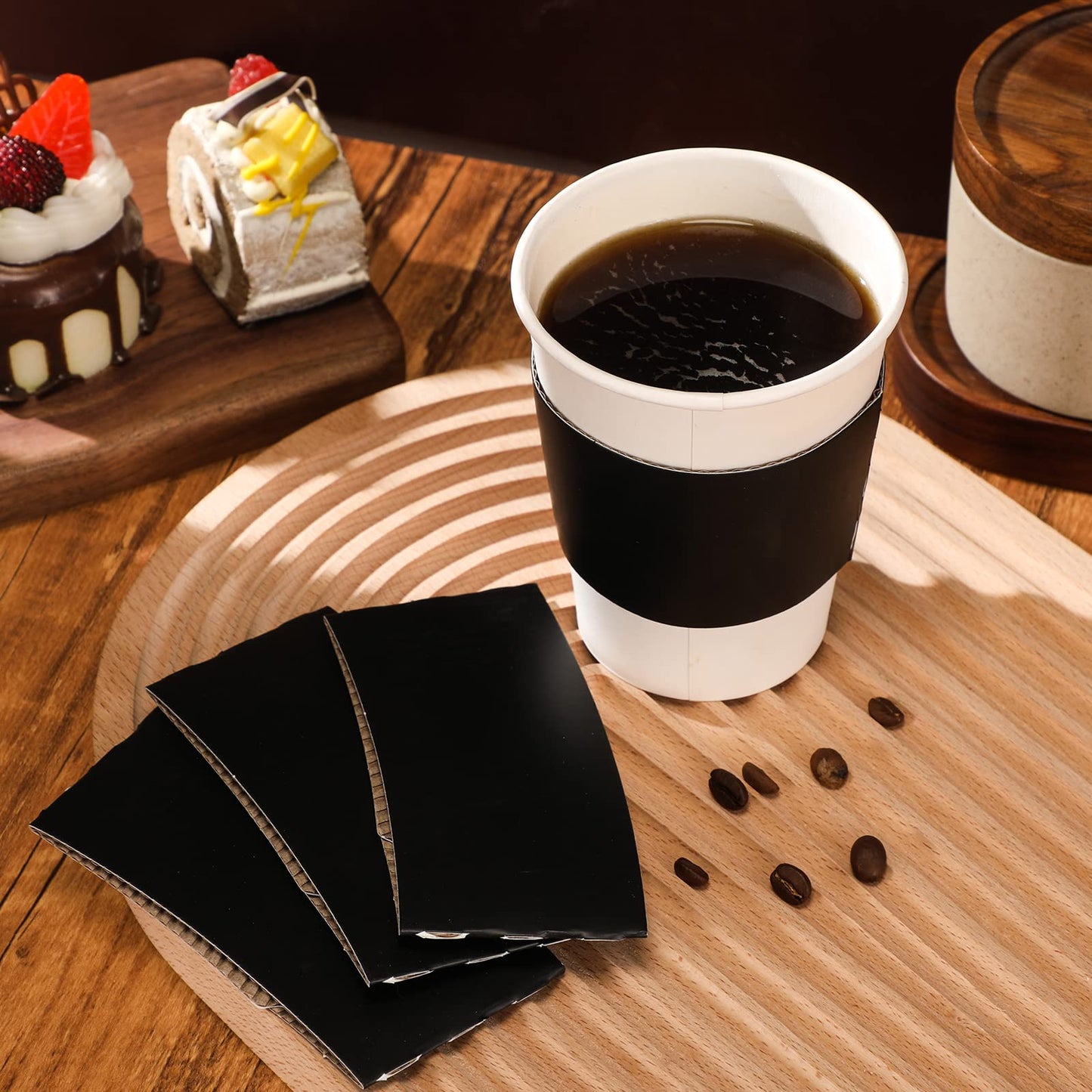 Thenshop 100 Pcs Black Coffee Sleeves Disposable Coffee Cup Sleeves Corrugated Kraft Paper Cardboard Protective Hot and Cold Insulator, Fits 12, 16, 20, 22, 24 oz Drink Beverage Cups