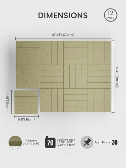 Bumusty Large Cork Board Alternative-48 x 36" Felt Bulletin Board Tiles, with 30 Pushpins, 70 Adhesive Tabs, Bold-Stripe 12-Pack, Cork Boards for Office Push Pin Board Felt Board-Olive Green