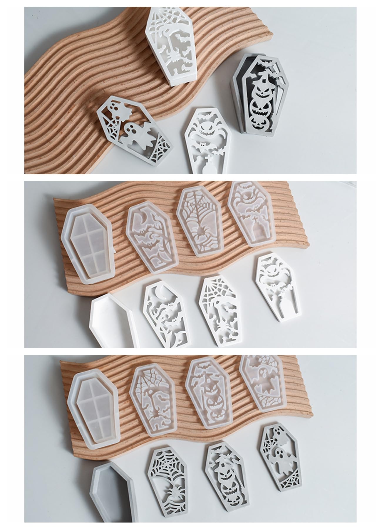 MUAECH 7 Packs Halloween Epoxy Resin Soft Silicone Molds, DIY Casting Halloween Coffin Trinket Box, Ghost, Spider, Bat, Pumpkin Plaster Mold, Handmade Art Craft Jewelry Storage Box Candle Stand Mould