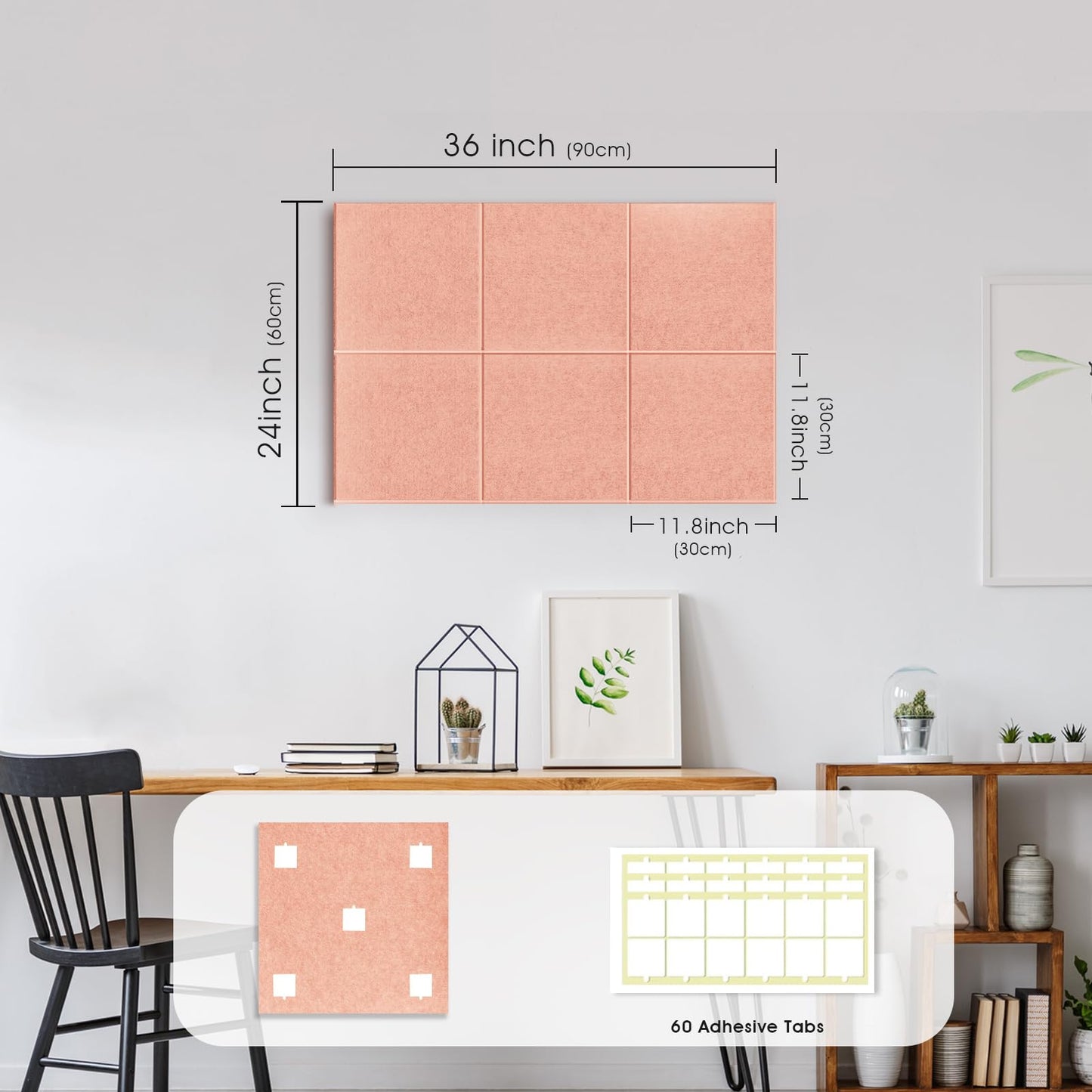 Large Cork Board for Office Wall Decor, 36"x24"- 6 Pack Felt Wall Tiles with Safe Removable Adhesive Tabs, 1/2" Thick, Felt Bulletin Board Pin Board Cork Boards for Walls - Pink