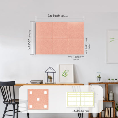 Large Cork Board for Office Wall Decor, 36"x24"- 6 Pack Felt Wall Tiles with Safe Removable Adhesive Tabs, 1/2" Thick, Felt Bulletin Board Pin Board Cork Boards for Walls - Pink