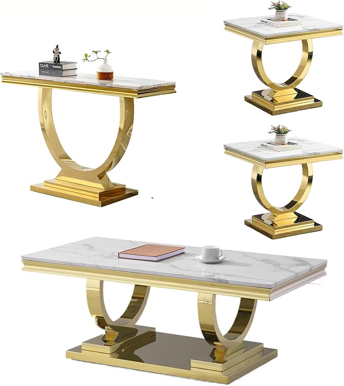 4 Piece Living Room Table Set Include 1 Faux Marble Coffee Table & 2 End Tables & 1 Console Table, Modern White Gold Coffee Table Set of 4 with Double O Shape Stainless Steel Pedestal Base