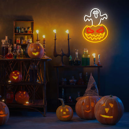 Halloween Ghost Pumpkin Neon Sign,Ghost Face Neon Light Spooky Pumpkin Neon Light Up Signs Dimmable LED Halloween Skull LED Sign for Bedroom Game Room Mancave Bar Halloween Party