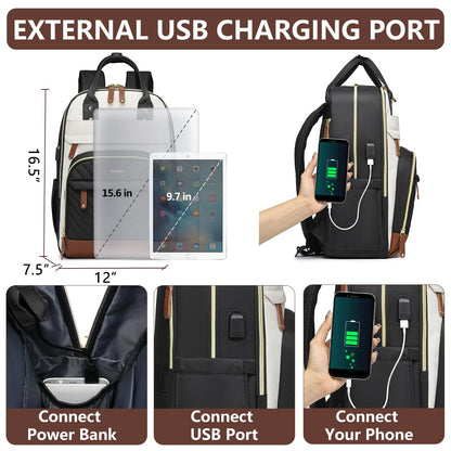 Laptop Backpack for Women Bag - 15.6 inch Work Travel Backpack with USB Charger College Bookbag Waterproof Business Computer Backpack Anti-theft Casual Backpacks for Nurse Teacher Beige Black Brown