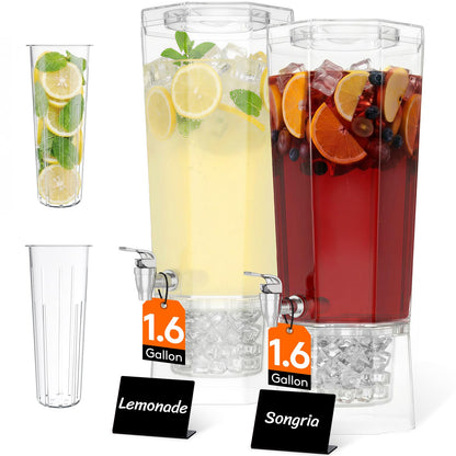 Lifewit 1.6 Gallon Drink Dispenser for Parties 2 Pcs, Plastic Beverage Container for Juice/Tea/Soda with Stand & Fruit Infuser, Clear Lemonade Dispenser with Leak-Proof Spigot, BPA Free Water Pitcher