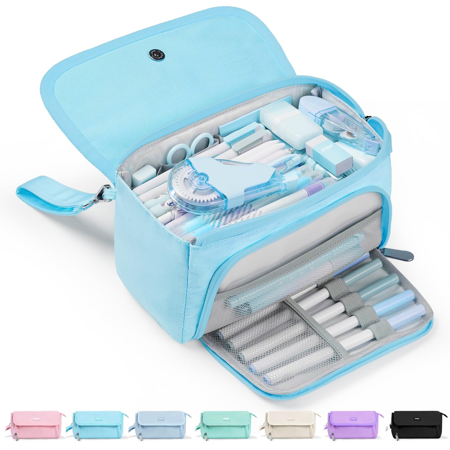 Sooez Super Large Pencil Case, Big Capacity Pencil Bag with 3 Compartments, can hold 100 pencils, Cute Pencil Pouch with Zipper, Portable Stationery Pen Bag, School Supplies For Teen Girl, Sky Blue