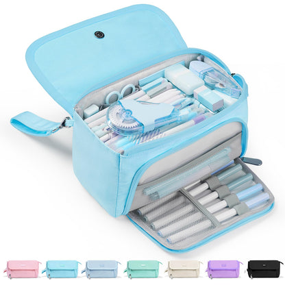 Sooez Super Large Pencil Case, Big Capacity Pencil Bag with 3 Compartments, can hold 100 pencils, Cute Pencil Pouch with Zipper, Portable Stationery Pen Bag, School Supplies For Teen Girl, Sky Blue