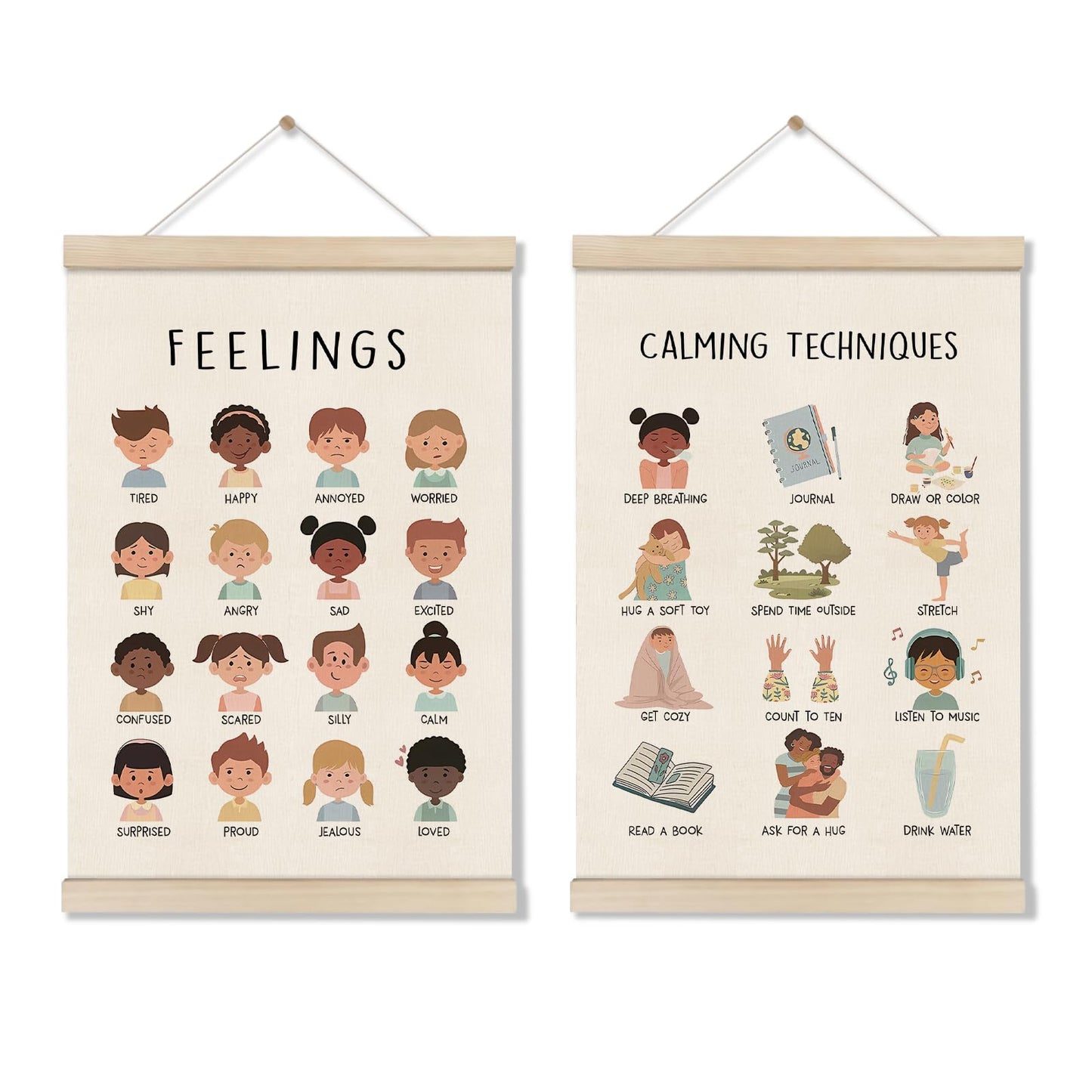Feelings Chart, Emotions Learning Posters for Toddler, Mental Health Posters Hanger Frame, Set of 2 Kids Montessori Educational Artwork, Canvas Wall Art Decor for Counseling Office 16x12 Inch