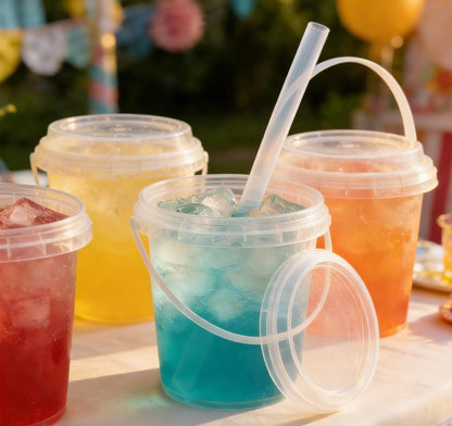 75 Pack Reusable Plastic Drink Buckets with Lids and Straws, 24 oz Clear Rum Buckets for Cocktails and Party Drinks, Portable Beverage Pails with Handles for Beach, Festivals and Bar Supplies