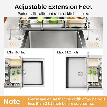SNTD Dish Drying Rack - Extendable Dish Rack, Large Sink Drying Dish Drainer for Kitchen Counter, Stainless Steel Dish Strainer with Utensil Holder (Silver)